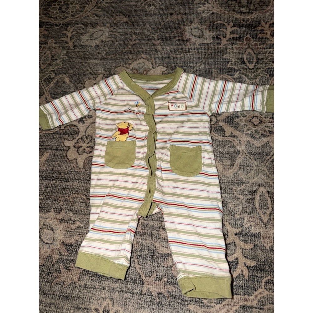 Vintage Pooh Baby Onesie Green Stripes Disney Baby